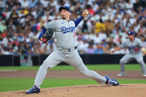 Blake Snell #7 of the Los Angeles Dodgers pitches against the San Diego Padres during the first inning at Petco Park on Friday, Aug. 22, 2025 in San Diego, CA. (Meg McLaughlin / The San Diego Union-Tribune)