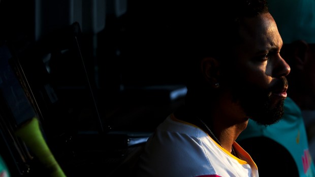 Xander Bogaerts #2 of the San Diego Padres looks on in the dugout during the first inning against the Los Angeles Dodgers at Petco Park on Friday, Aug. 22, 2025 in San Diego, CA. (Meg McLaughlin / The San Diego Union-Tribune)
