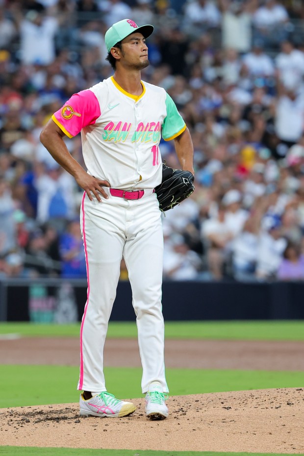 Yu Darvish #11 of the San Diego Padres looks on after Alex Freeland's #76 of the Los Angeles Dodgers home run during the third inning at Petco Park on Friday, Aug. 22, 2025 in San Diego, CA. (Meg McLaughlin / The San Diego Union-Tribune)