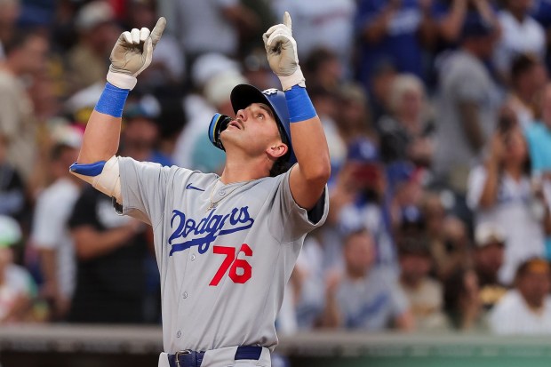 Alex Freeland #76 of the Los Angeles Dodgers celebrates after his home run against the San Diego Padres during the third inning at Petco Park on Friday, Aug. 22, 2025 in San Diego, CA. (Meg McLaughlin / The San Diego Union-Tribune)