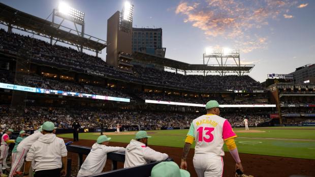 Manny Machado #13 of the San Diego Padres takes the field before the fourth inning against the Los Angeles Dodgers at Petco Park on Friday, Aug. 22, 2025 in San Diego, CA. (Meg McLaughlin / The San Diego Union-Tribune)