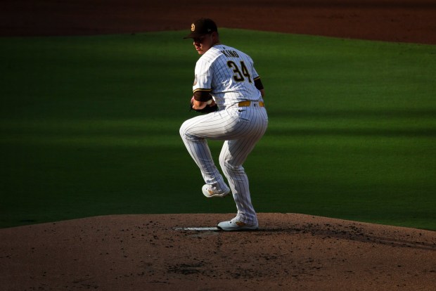 Michael King #34 of the San Diego Padres pitches against the Boston Red Sox during the second inning at Petco Park on Saturday, Aug. 9, 2025 in San Diego, CA. (Meg McLaughlin / The San Diego Union-Tribune)