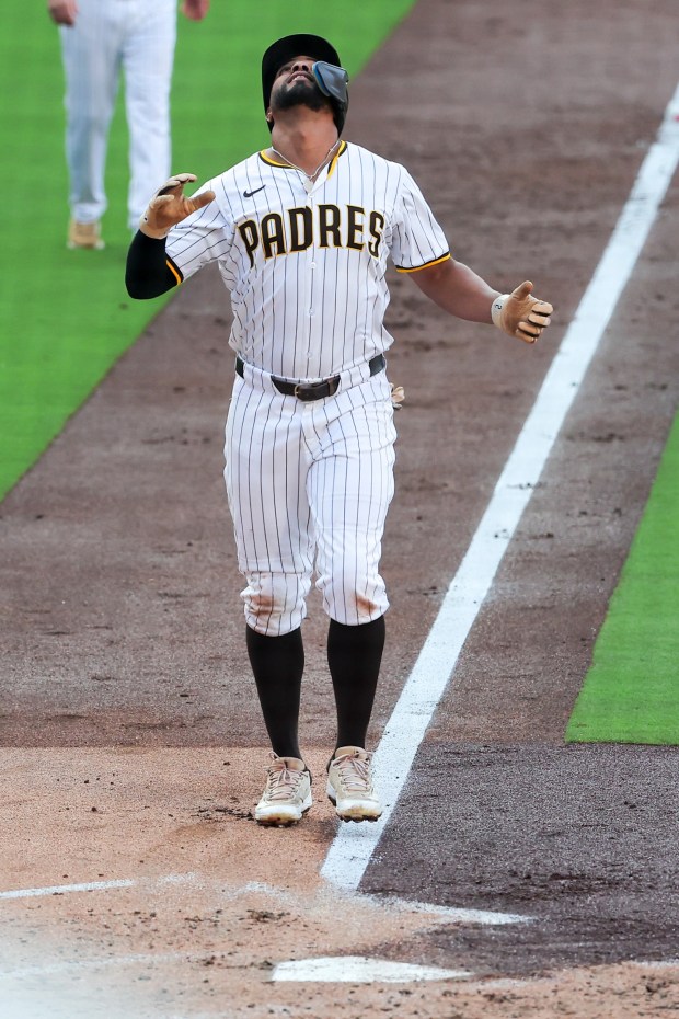 Xander Bogaerts #2 of the San Diego Padres celebrates after a home run against the Boston Red Sox during the second inning at Petco Park on Saturday, Aug. 9, 2025 in San Diego, CA. (Meg McLaughlin / The San Diego Union-Tribune)