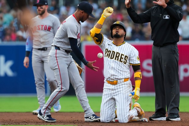 Luis Arraez #4 of the San Diego Padres celebrates after a double against the Boston Red Sox during the third inning at Petco Park on Saturday, Aug. 9, 2025 in San Diego, CA. (Meg McLaughlin / The San Diego Union-Tribune)