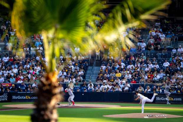 Michael King #34 of the San Diego Padres pitches against Alex Bregman #2 of the Boston Red Sox during the first inning at Petco Park on Saturday, Aug. 9, 2025 in San Diego, CA. (Meg McLaughlin / The San Diego Union-Tribune)