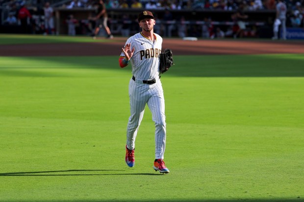 Jackson Merrill #3 of the San Diego Padres acknowledges fans before their game against the Boston Red Sox at Petco Park on Saturday, Aug. 9, 2025 in San Diego, CA. (Meg McLaughlin / The San Diego Union-Tribune)