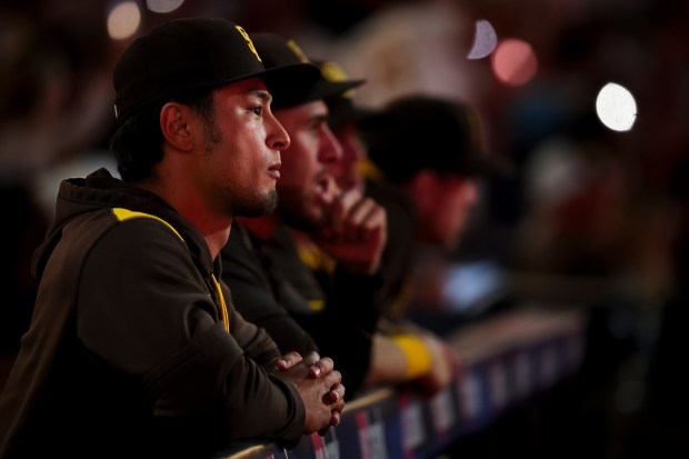 Yu Darvish #11 of the San Diego Padres looks on during the ninth inning against the Boston Red Sox at Petco Park on Saturday, Aug. 9, 2025 in San Diego, CA. (Meg McLaughlin / The San Diego Union-Tribune)