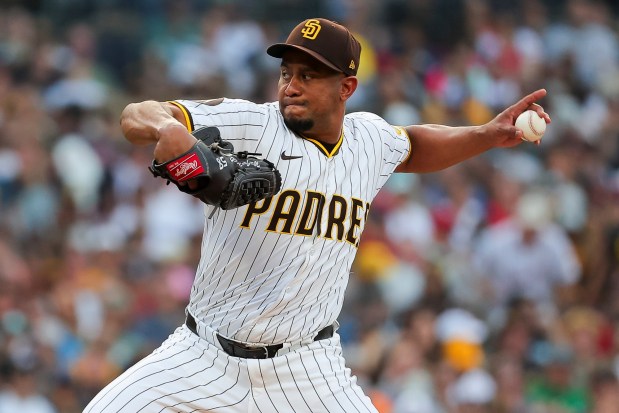 Wandy Peralta #58 of the San Diego Padres pitches against the Boston Red Sox during the third inning at Petco Park on Saturday, Aug. 9, 2025 in San Diego, CA. (Meg McLaughlin / The San Diego Union-Tribune)