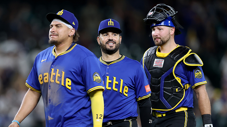 Seattle Mariners Josh Naylor Geno Suarez Cal Raleigh postgame celebration...