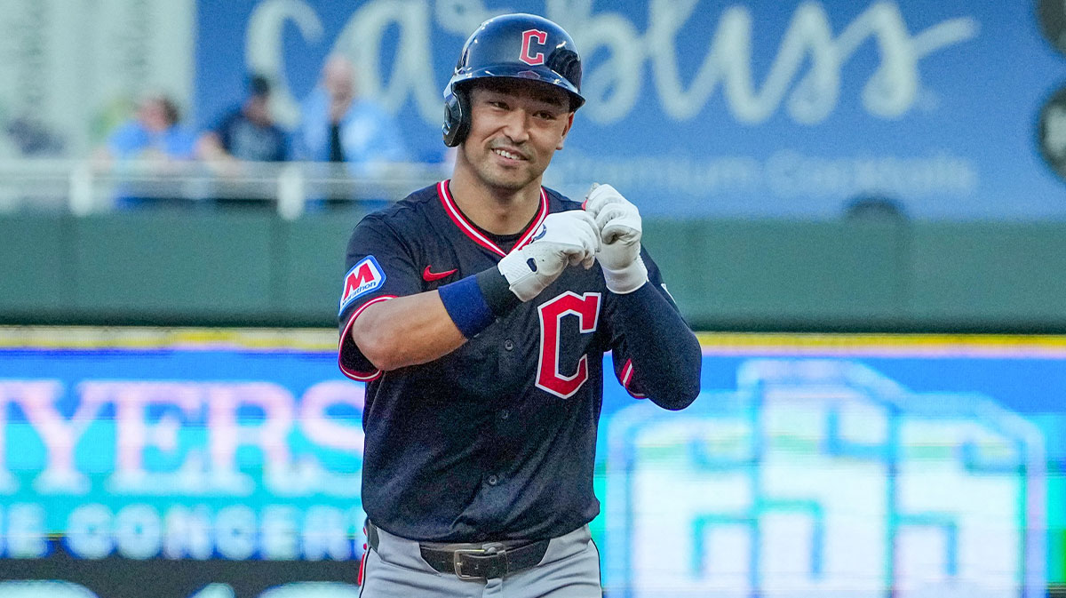Cleveland Guardians left fielder Steven Kwan (38) celebrates while running the bases after hitting a two run home run against the Kansas City Royals in the fourth inning at Kauffman Stadium.