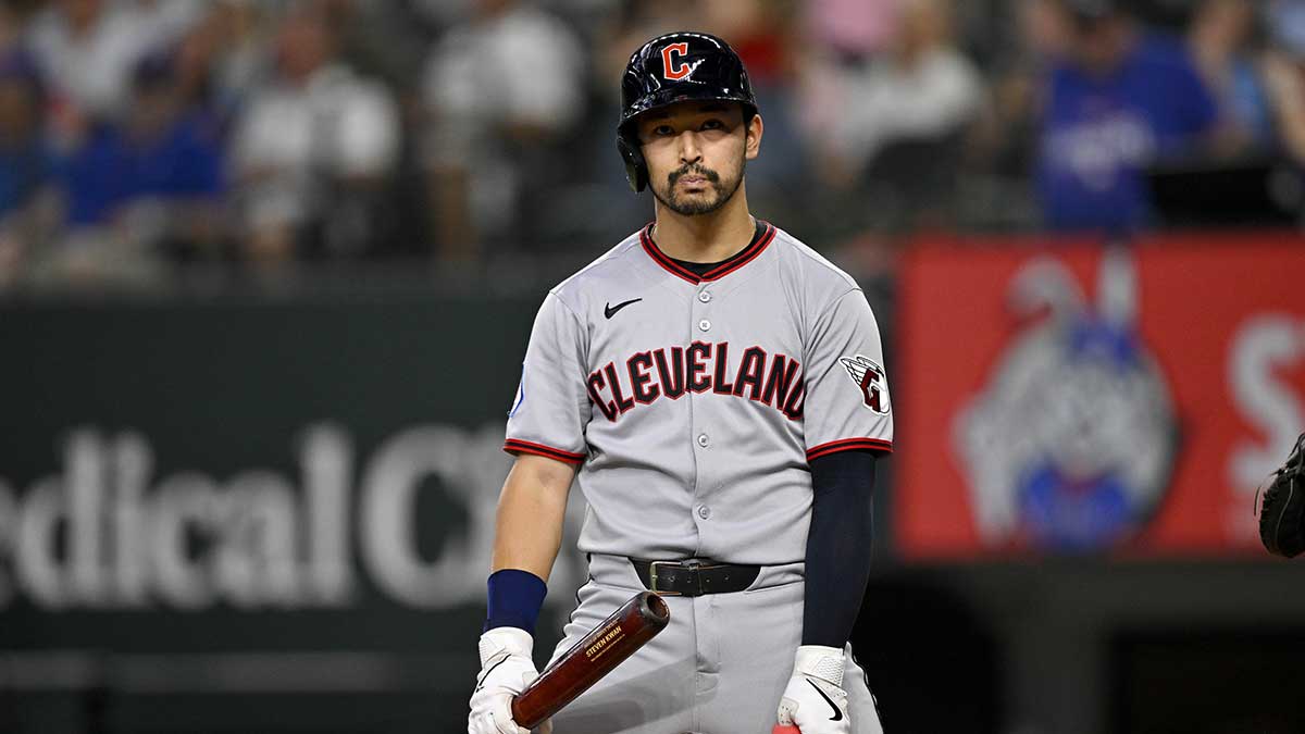 Cleveland Guardians left fielder Steven Kwan (38) reacts to striking out during the third inning against the Texas Rangers at Globe Life Field. 