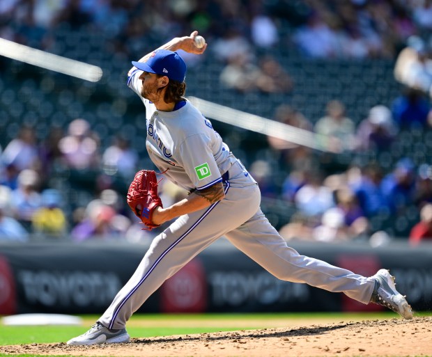 Toronto Blue Jays pitcher Kevin Gausman (34) pitches against the Colorado Rockies in the 7th inning at Coors Field in Denver on Wednesday, Aug. 6, 2025. (Photo by Andy Cross/The Denver Post)