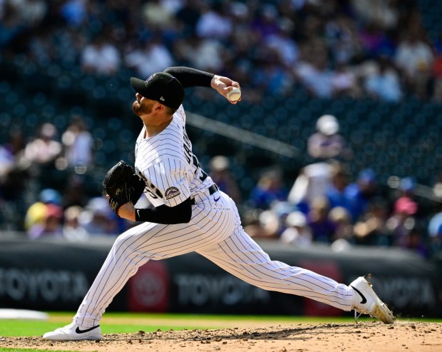 Colorado Rockies pitcher Dugan Darnell (52) pitching against the Toronto Blue Jays in the eighth inning at Coors Field in Denver, on Wednesday, Aug. 06, 2025. (Photo by Andy Cross/The Denver Post)