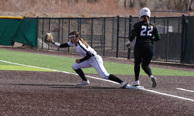 Adams State first baseman Emily Sauvageau records an out during the 2025 season, which ended with her winning an RMAC Golden Glove award, the first such honor in program history. (Courtesy of Adams State Athletics)