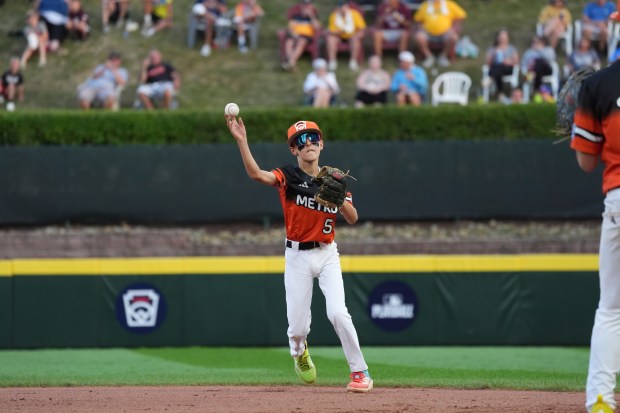 Fairfield, Conn.'s Charlie McCullough throws to first base against Sioux Falls, S.D., during the second inning of a baseball game at the Little League World Series, Monday, Aug. 18, 2025, in South Williamsport, Pa. (AP Photo/Caleb Craig)