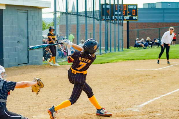 Northwestern Lehigh's infielder Samantha Boyer, as seen here on Monday, June 2, 2025, attempts to hit. (Oliver Lois Economidis/The Morning Call)