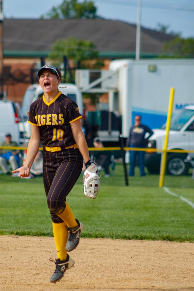 Northwestern Lehigh first baseman Shelby Mitman celebrates the win in the PIAA tournament on Monday, June 2, 2025, at Northwestern Lehigh High School in New Tripoli. (Oliver Lois Economidis/The Morning Call)