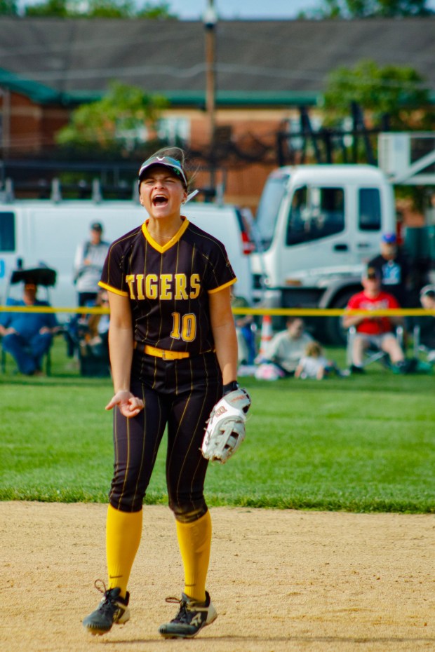 Northwestern Lehigh softball first baseman Shelby Mitman celebrates an 11-0 win over Athens in the PIAA state tournament. (Oliver Lois Economidis/The Morning Call)