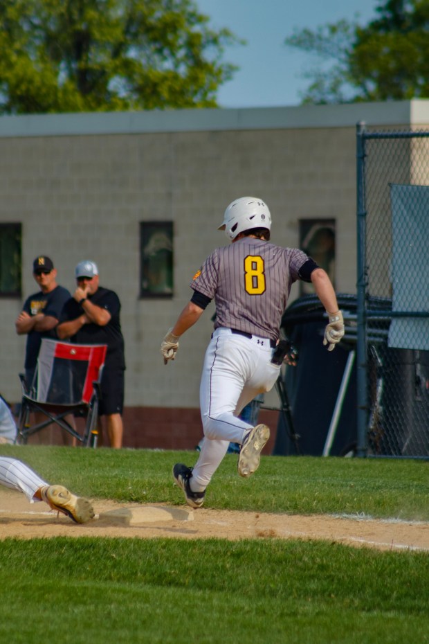Northwestern Lehigh's first baseman Watson Church, as seen here on Monday, June 2, 2025, attempts to make first base. (Oliver Lois Economidis/The Morning Call)
