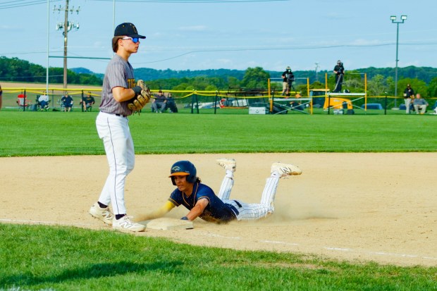 Panther's second baseman Luca Dimaio, as seen here on Monday, June 2, 2025, slides into third base. (Oliver Lois Economidis/The Morning Call)