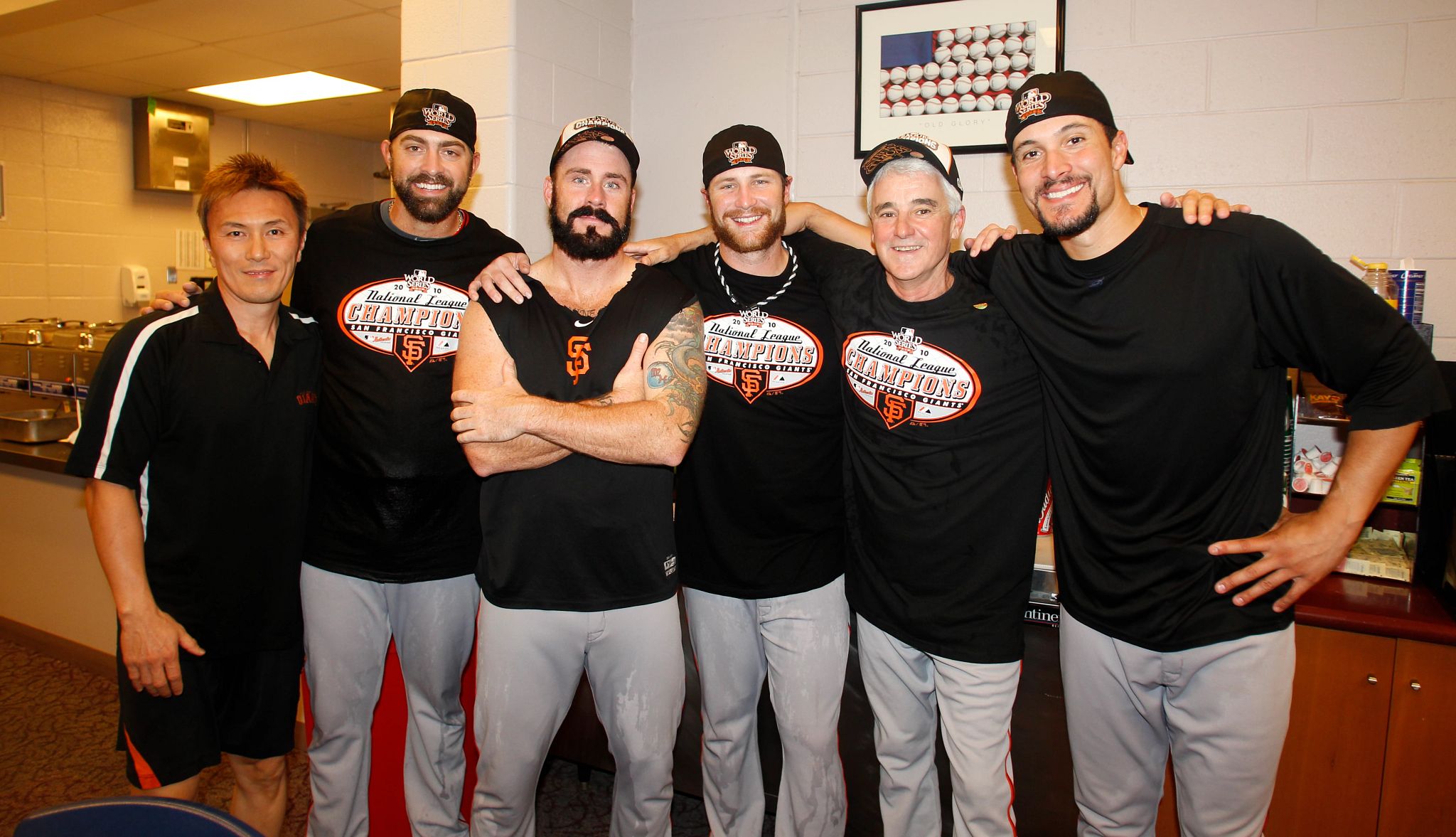 Pitching to Major Leaguers at 70 A photo shows members of the San Francisco Giants celebrate after beating the Phillies in the 2010 NLCS. From left are Haro Ogawa, Jeremy Affeldt, Brian Wilson, Dan Runzler, John Yandle and Javier Lopez.