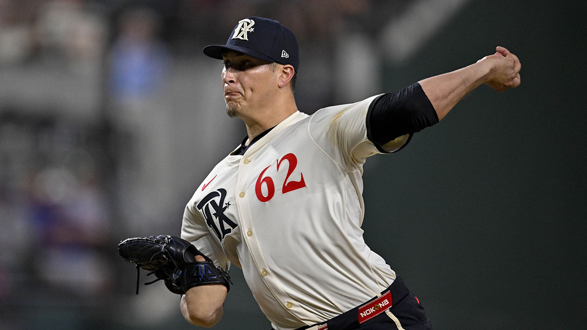 Texas Rangers relief pitcher Robert Garcia (62) in action during the game between the Texas Rangers and the Atlanta Braves at Globe Life Field.