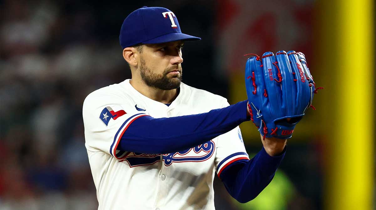Texas Rangers starting pitcher Nathan Eovaldi (17) throws during the eighth inning against the New York Yankees at Globe Life Field.