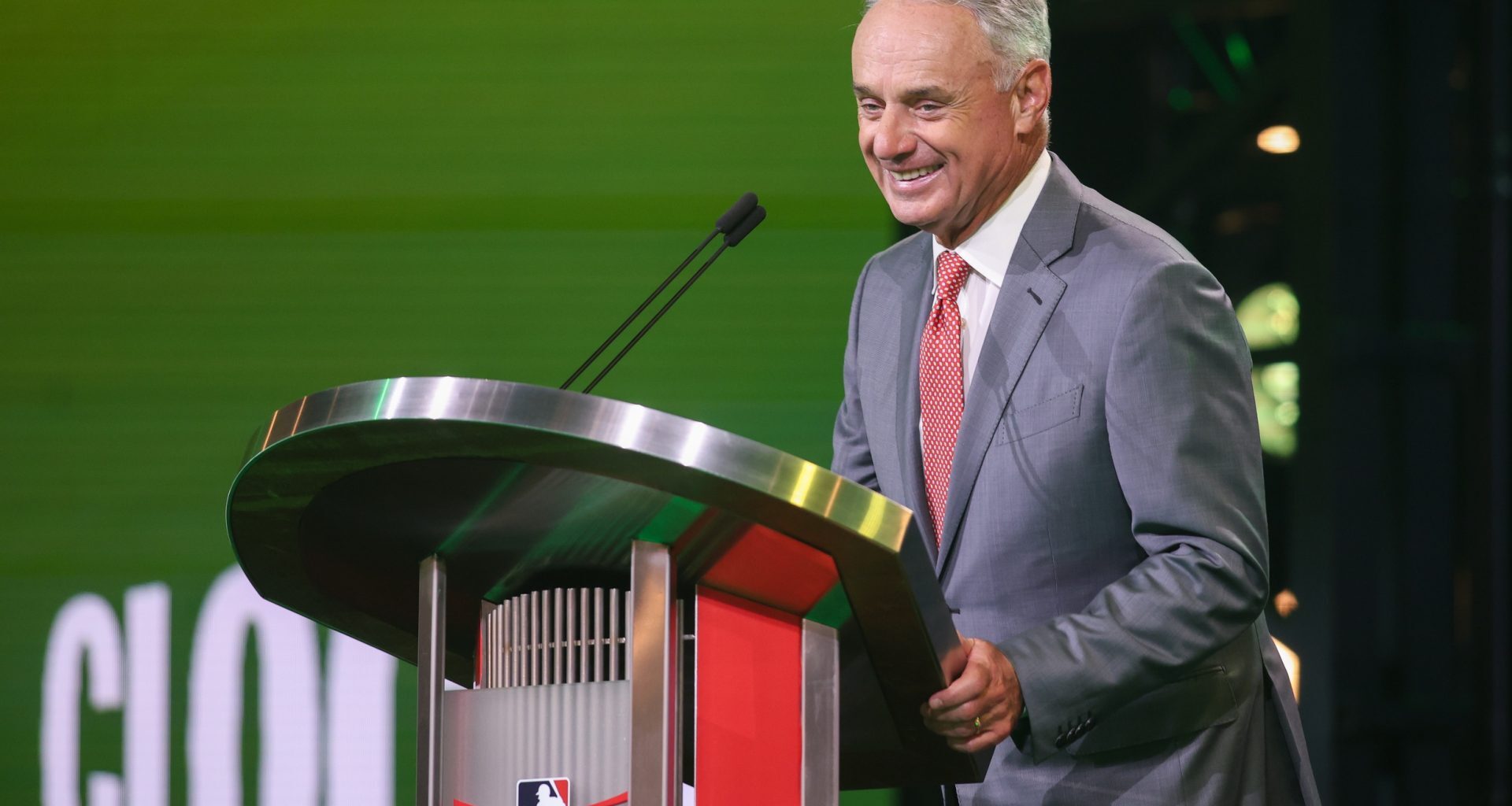 Jul 13, 2025; Atlanta, GA, USA; MLB Commissioner Rob Manfred announces the pick for the Athletics pick during the MLB Draft at The Coca-Cola Roxy.