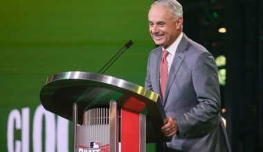 Jul 13, 2025; Atlanta, GA, USA; MLB Commissioner Rob Manfred announces the pick for the Athletics pick during the MLB Draft at The Coca-Cola Roxy.