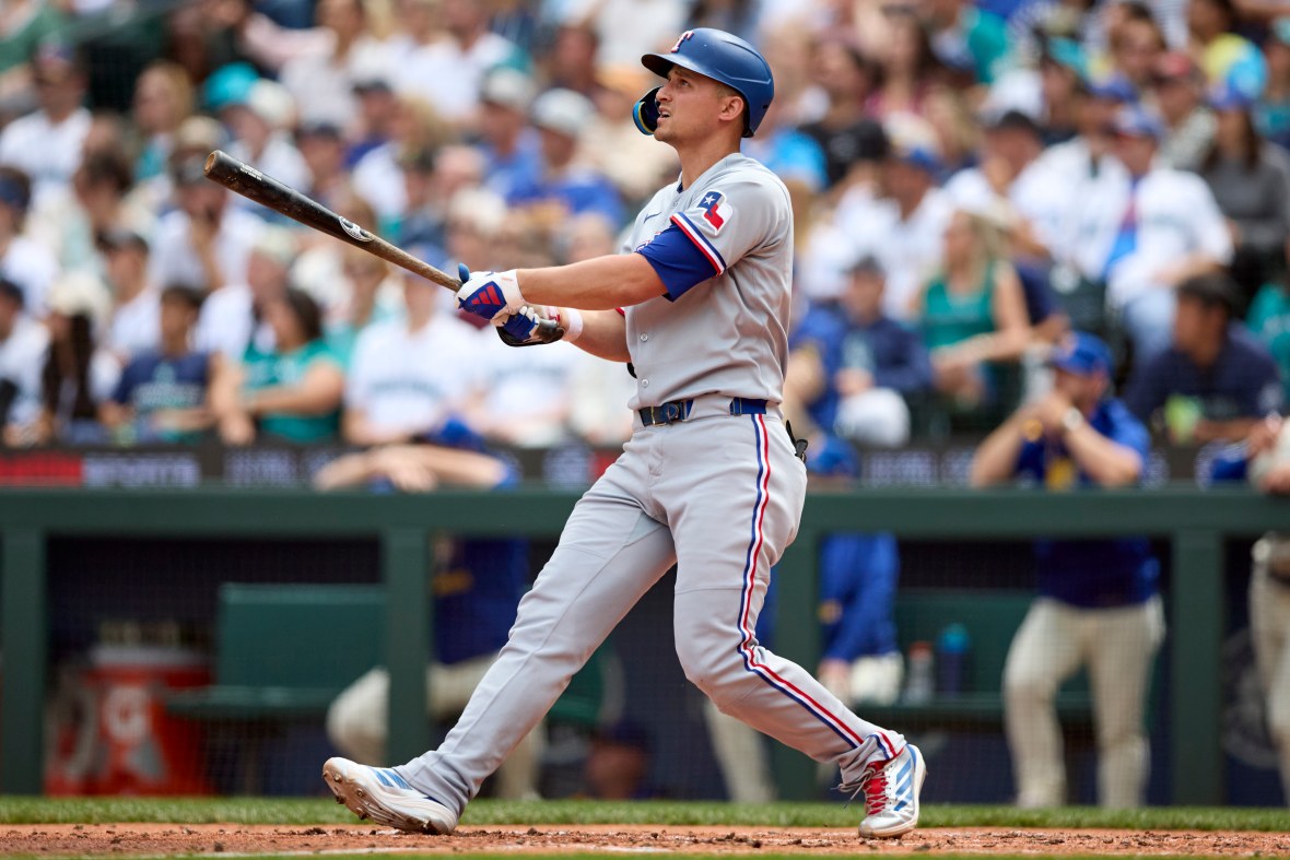 Current image: Aug 3, 2025; Seattle, Washington, USA; Texas Rangers shortstop Corey Seager (5) watches the flight of his two run home run off Seattle Mariners starting pitcher Logan Evans (73) during the third inning at T-Mobile Park. Mandatory Credit: John Froschauer-Imagn Images
