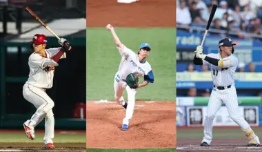 (From left) Tohoku Rakuten Golden Eagles player Rui Muneyama, Hokkaido Nippon-Ham Fighters pitcher Kota Tatsu, Chiba Lotte Marines player Daito Yamamoto [Photo: provided by the team]