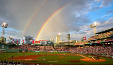 A double rainbow appeared as the Boston Red Sox played the Los Angeles Dodgers during first inning MLB action at Fenway Park on July 25.