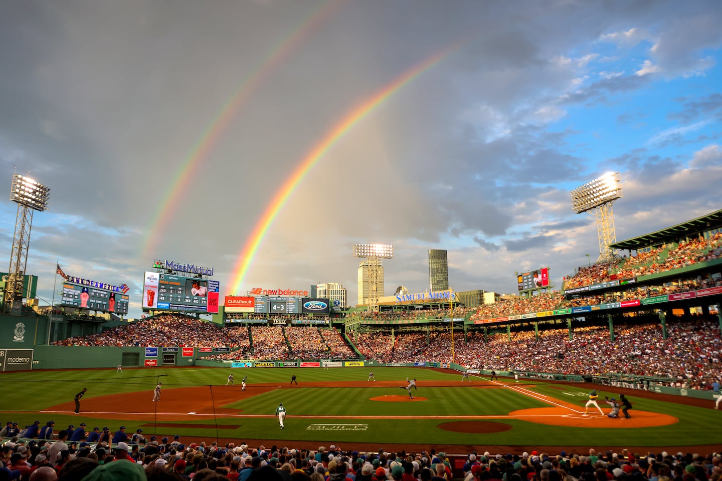 A double rainbow appeared as the Boston Red Sox played the Los Angeles Dodgers during first inning MLB action at Fenway Park on July 25.