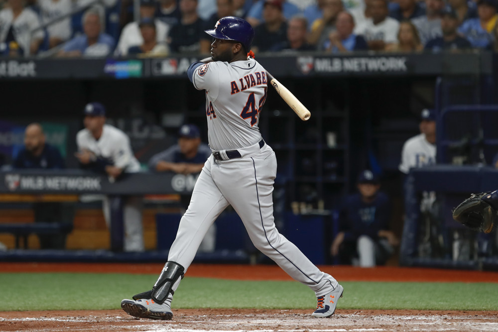 ST. PETERSBURG, FL - OCTOBER 08: Houston Astros designated hitter Yordan Alvarez (44) at bat during Game 4 of the ALDS between the Houston Astros and Tampa Bay Rays on October 8, 2019 at Tropicana Field in St. Petersburg, FL. (Photo by Mark LoMoglio/Icon Sportswire)