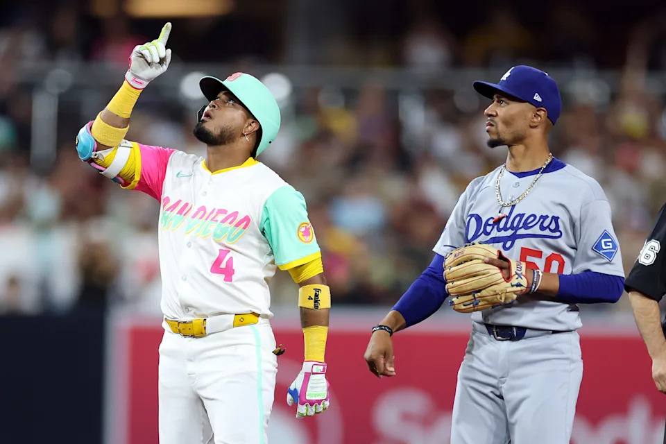 Luis Arraez celebrates a double against the Dodgers.