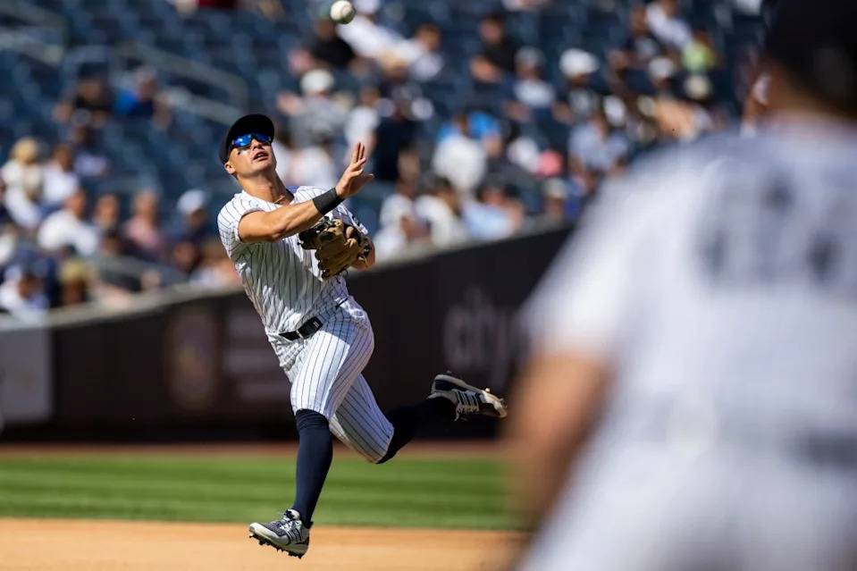 Yankees shortstop Anthony Volpe (11) throws out Washington Nationals outfielder Dylan Crews (3) on a ground ball in the seventh inning. Corey Sipkin for the NY POST