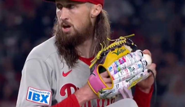 Phillies Pitcher Matt Strahm Had To Remove A Glove He Wore To Honor Kids In The Little League Challenger Division That Had White On It (An MLB Violation) Only To Put On What Appears To Be A Glove With White In The Same Spot