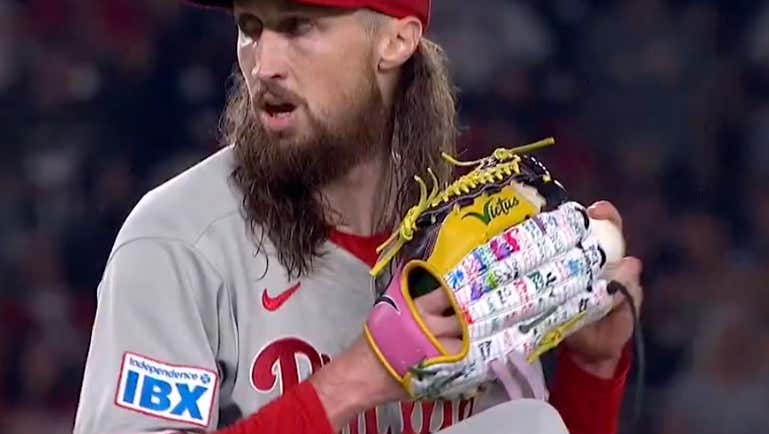 Phillies Pitcher Matt Strahm Had To Remove A Glove He Wore To Honor Kids In The Little League Challenger Division That Had White On It (An MLB Violation) Only To Put On What Appears To Be A Glove With White In The Same Spot
