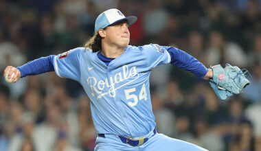 Andrew Hoffmann #54 of the Kansas City Royals delivers a pitch during the eighth inning against the...