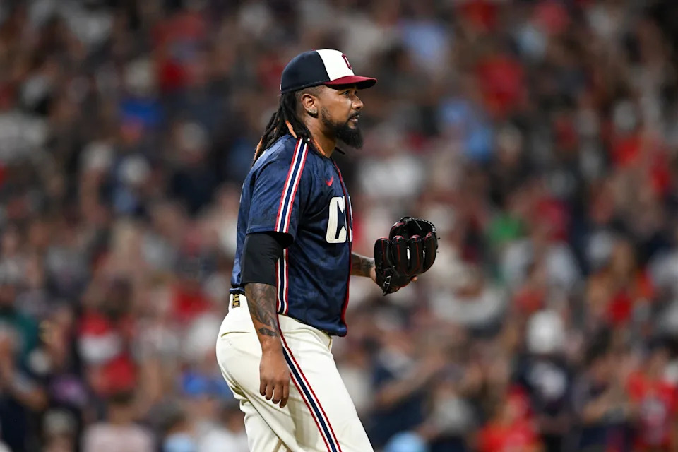 CLEVELAND, OHIO - JULY 18: Emmanuel Clase #48 of the Cleveland Guardians looks on during the ninth inning against the Athletics at Progressive Field on July 18, 2025 in Cleveland, Ohio. (Photo by Nick Cammett/Diamond Images via Getty Images)