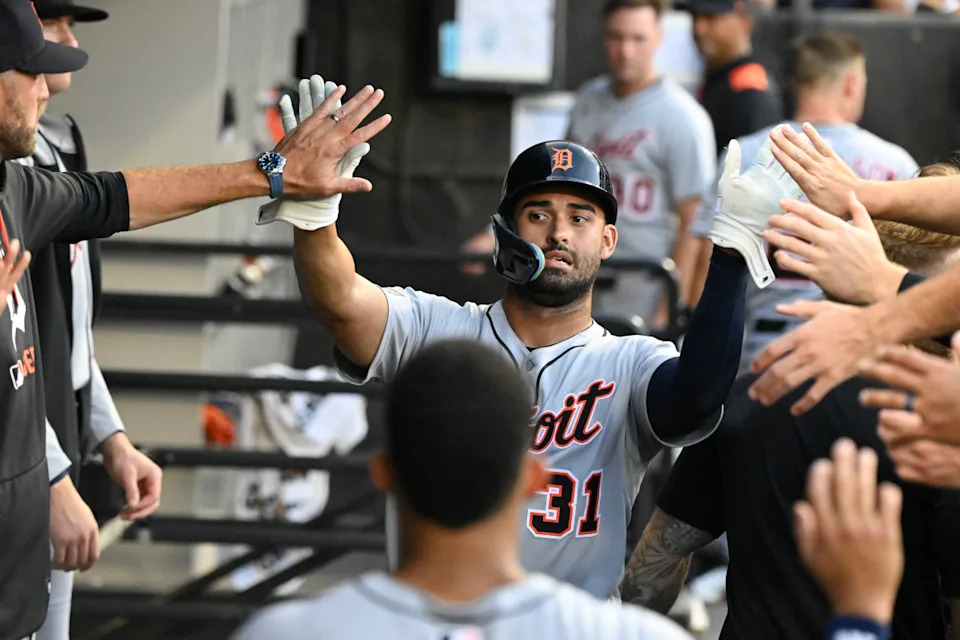 Aug 11, 2025; Chicago, Illinois, USA; Detroit Tigers outfielder Riley Greene (31) celebrates in the dugout after scoring during the second inning against the Chicago White Sox at Rate Field. Mandatory Credit: Matt Marton-Imagn Images