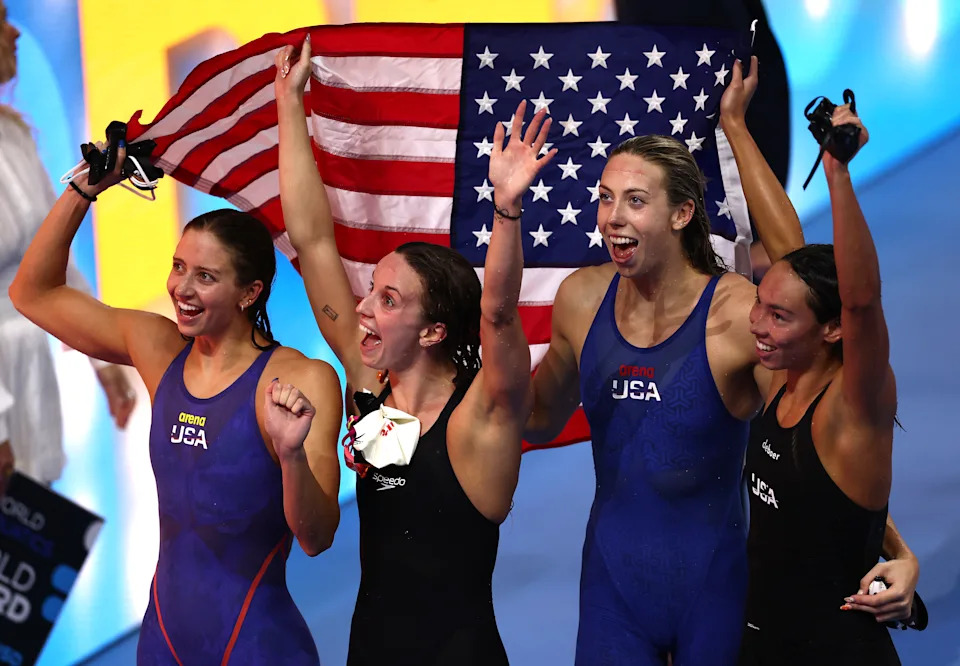 (L-R) Kate Douglass, Regan Smith, Gretchen Walsh and Torri Huske celebrate their gold-medal winning relay. (Maddie Meyer/Getty Images)