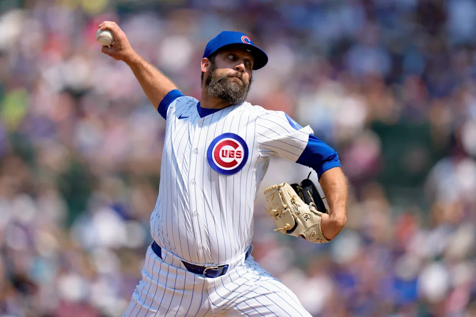 CHICAGO, ILLINOIS - AUGUST 6: Andrew Kittredge #59 of the Chicago Cubs pitches an immaculate inning in the top of the seventh inning of a game against the Cincinnati Reds at Wrigley Field on August 6, 2025 in Chicago, Illinois. (Photo by Matt Dirksen/Chicago Cubs/Getty Images)