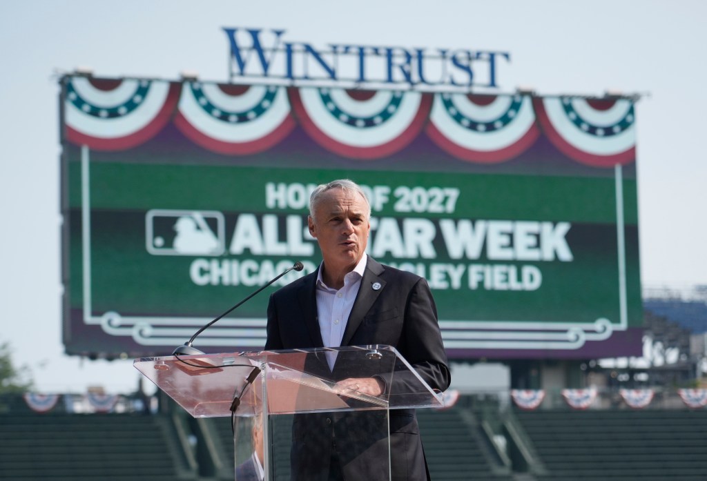 Rob Manfred announcing the 2027 MLB All-Star Game at Wrigley Field.