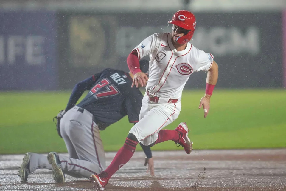 Reds second baseman Matt McLain rounds third base on his way to score the first run of the Aug. 2 Speedway Classic against the Braves at Bristol Motor Speedway.