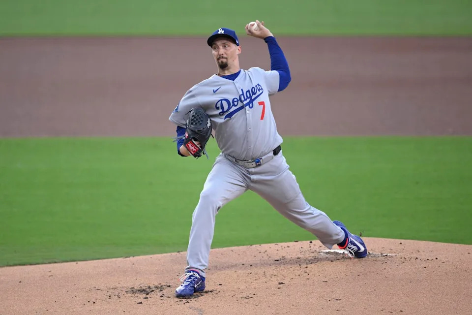 Dodgers starting pitcher Blake Snell delivers during the first inning Friday against the Padres.