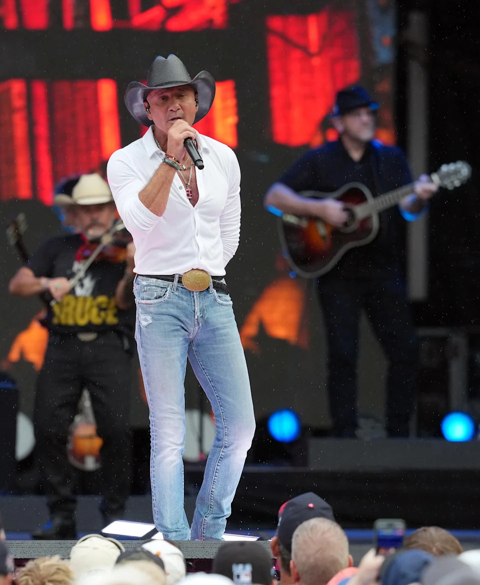 Tim McGraw performs prior to the MLB Speedway Classic between the Atlanta Braves and the Cincinnati Reds at Bristol Motor Speedway on August 02, 2025 in Bristol, Tennessee.