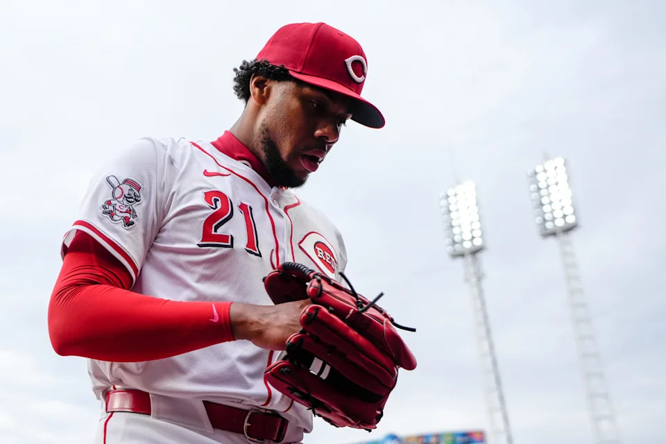 Cincinnati Reds pitcher Hunter Greene (21) returns to the dugout in the second inning of the MLB Opening Day game between the Cincinnati Reds and the San Francisco Giants at Great American Ball Park in downtown Cincinnati on Thursday, March 27, 2025. The Reds led 3-0 after three innings.
