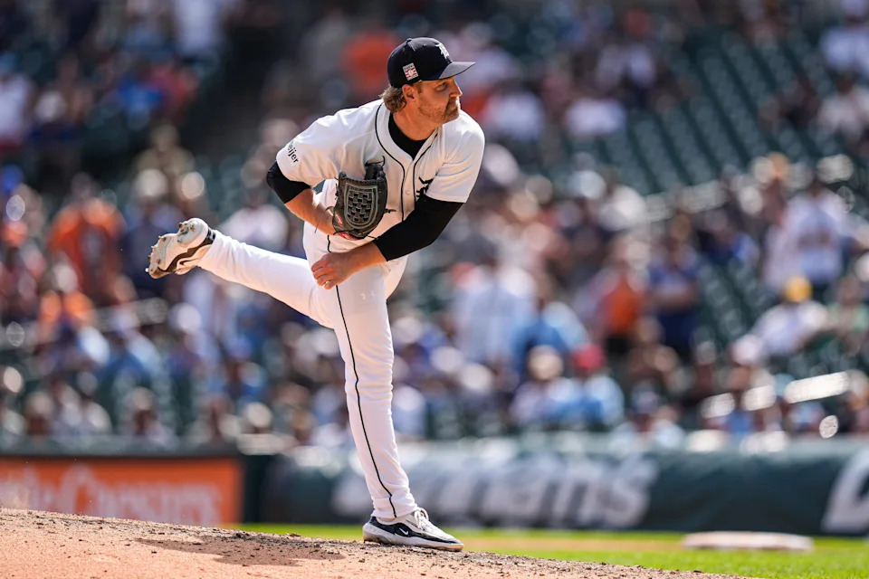 Detroit Tigers pitcher Dietrich Enns (51) throws against Toronto Blue Jays during the ninth inning at Comerica Park in Detroit on Sunday, July 27, 2025.