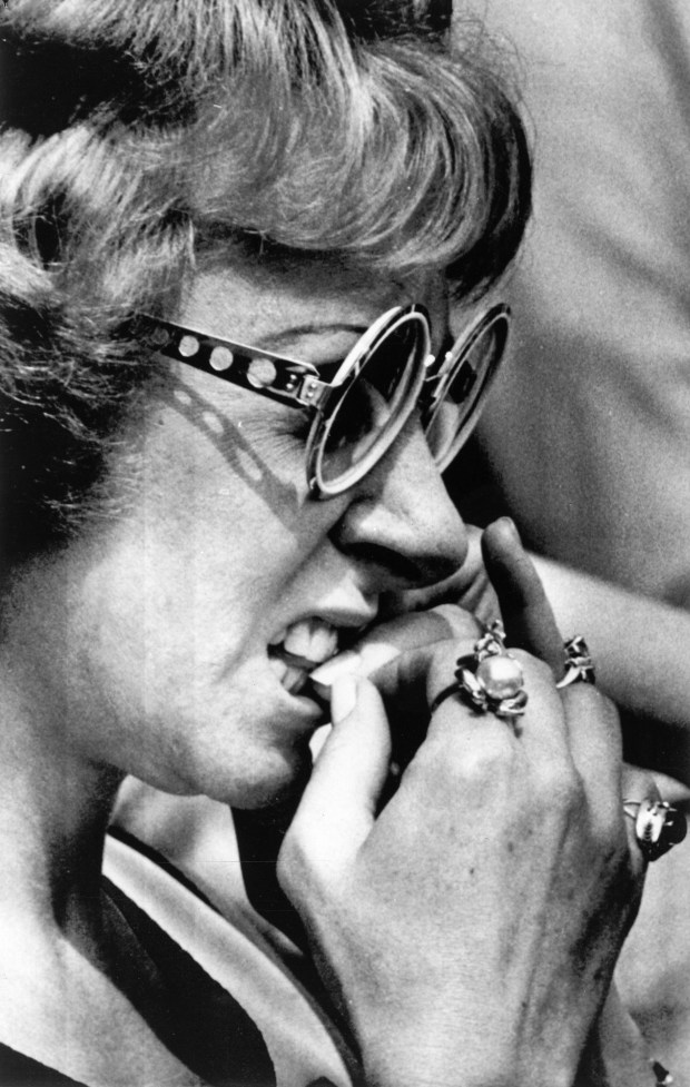 A woman bites her finger nails as she watches the first drawing of the Illinois State Lottery in Springfield on Aug. 8, 1974. (Walter Neal/Chicago Tribune) 